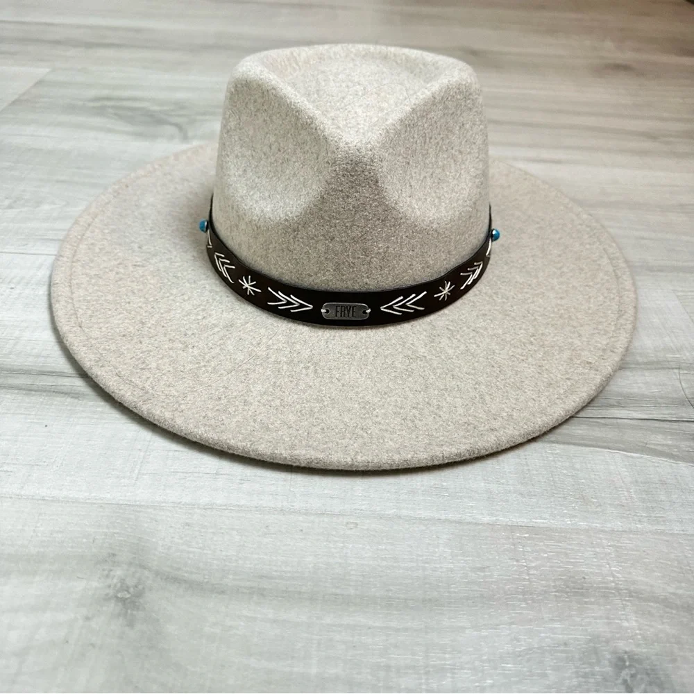 Frye Felt & Faux Leather‎ Embellished Wide Brim Rancher Cowgirl Hat Southwestern - Picture 2 of 12